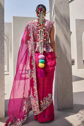 Hot pink organza embroidered saree