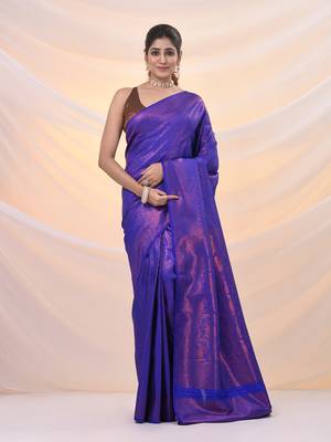 Blue brocade silk saree with zari woven designs 1