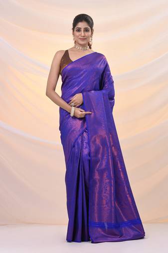 Blue brocade silk saree with zari woven designs