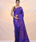 Blue brocade silk saree with zari woven designs