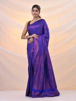 Blue brocade silk saree with zari woven designs 2