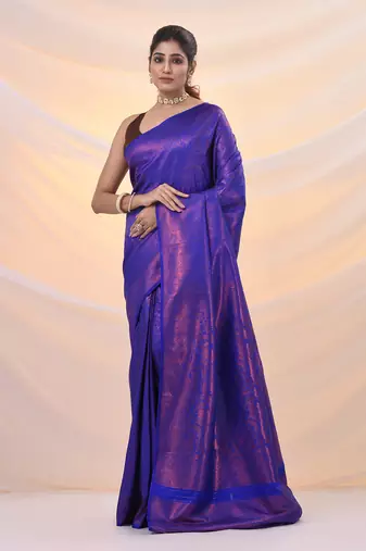 Blue brocade silk saree with zari woven designs