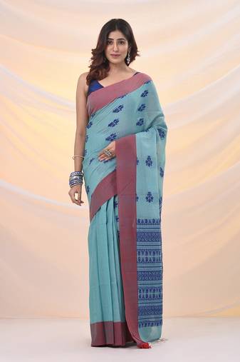 Sea green cotton handspun soft saree with woven nakshi designs