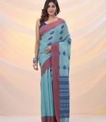 Sea green cotton handspun soft saree with woven nakshi designs
