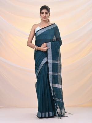 Teal cotton silk soft saree with zari borders 1