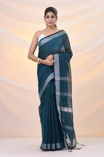 Teal cotton silk soft saree with zari borders