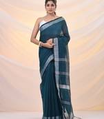 Teal cotton silk soft saree with zari borders