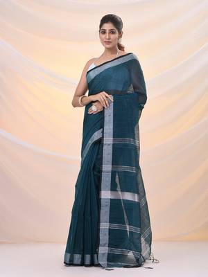 Teal cotton silk soft saree with zari borders 2
