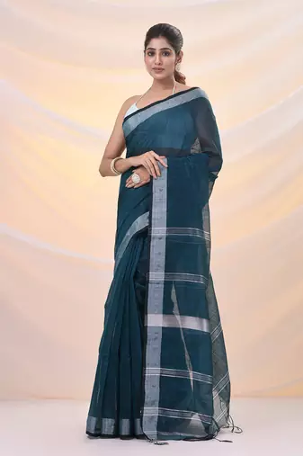 Teal cotton silk soft saree with zari borders