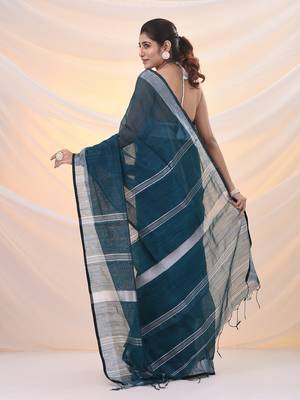 Teal cotton silk soft saree with zari borders 3