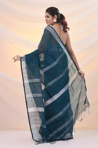 Teal cotton silk soft saree with zari borders