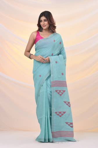 Sea green cotton soft saree with geomatric designs