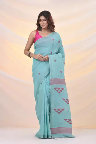 Sea green cotton soft saree with geomatric designs