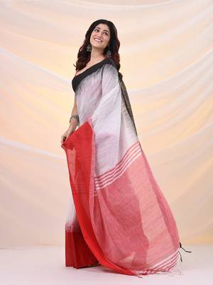 White cotton handspun soft saree with ikkat designs 2
