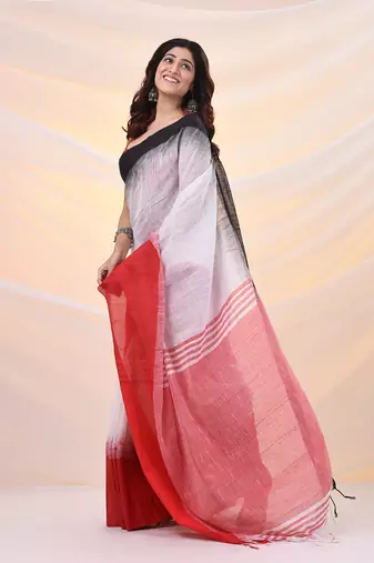 White cotton handspun soft saree with ikkat designs