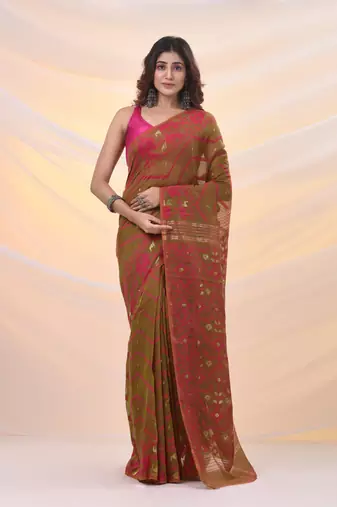 Sap green silk cotton jamdani saree with woven designs