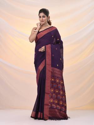 Purple linen handwoven saree with zari borders 1