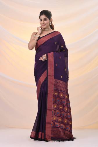 Purple linen handwoven saree with zari borders