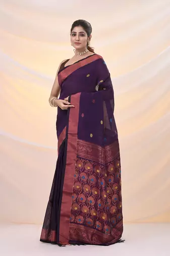 Purple linen handwoven saree with zari borders