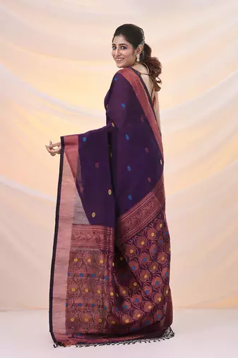Purple linen handwoven saree with zari borders
