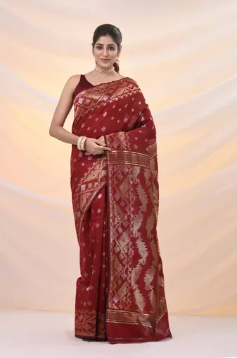 Red silk cotton jamdani saree with woven designs