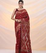 Red silk cotton jamdani saree with woven designs