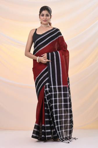 Red and black cotton handspun soft saree with stripes borders