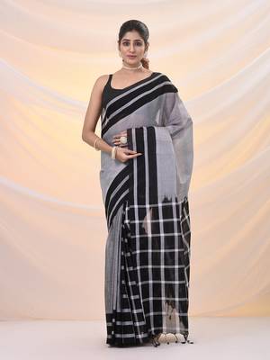 Grey and black cotton handspun soft saree with stripes borders 1