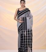 Grey and black cotton handspun soft saree with stripes borders