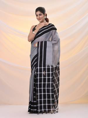 Grey and black cotton handspun soft saree with stripes borders 2