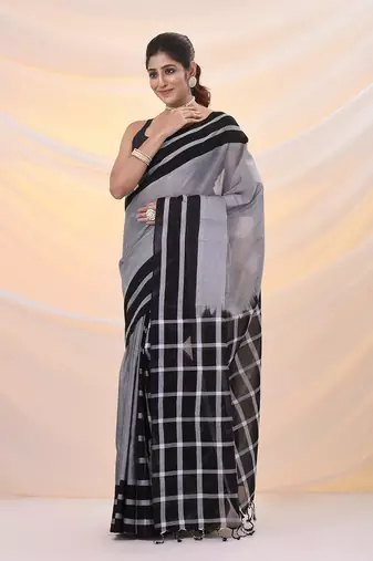 Grey and black cotton handspun soft saree with stripes borders