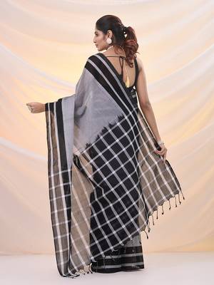 Grey and black cotton handspun soft saree with stripes borders 3