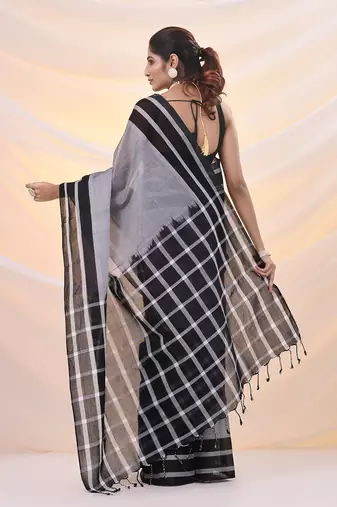 Grey and black cotton handspun soft saree with stripes borders