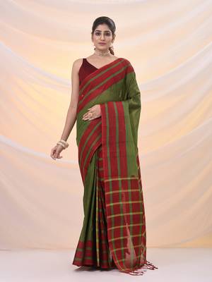 Green and red cotton handspun soft saree with stripes borders 1