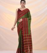 Green and red cotton handspun soft saree with stripes borders