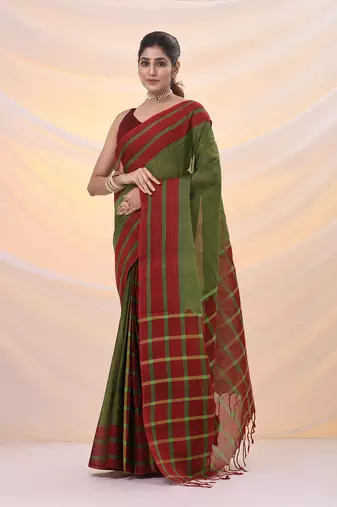 Green and red cotton handspun soft saree with stripes borders