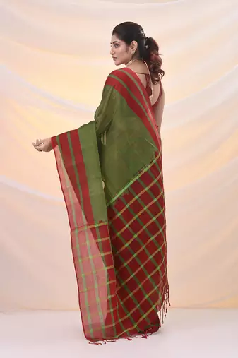 Green and red cotton handspun soft saree with stripes borders