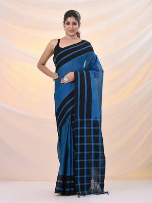 Blue and black cotton handspun soft saree with stripes borders 1