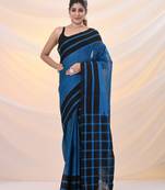 Blue and black cotton handspun soft saree with stripes borders