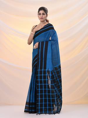Blue and black cotton handspun soft saree with stripes borders 2