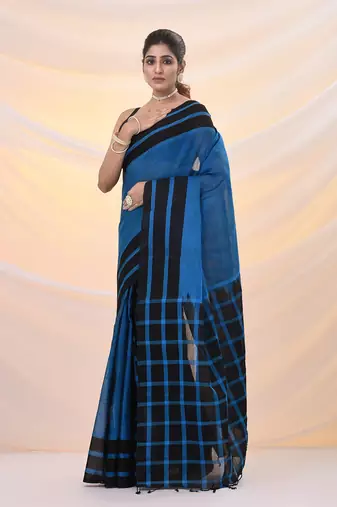 Blue and black cotton handspun soft saree with stripes borders