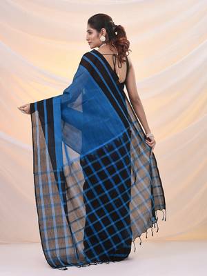Blue and black cotton handspun soft saree with stripes borders 3