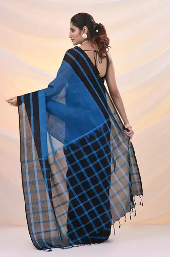 Blue and black cotton handspun soft saree with stripes borders