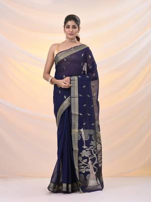Blue silk cotton jamdani saree with woven designs 1