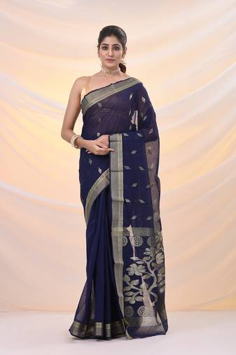Blue silk cotton jamdani saree with woven designs