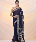 Blue silk cotton jamdani saree with woven designs