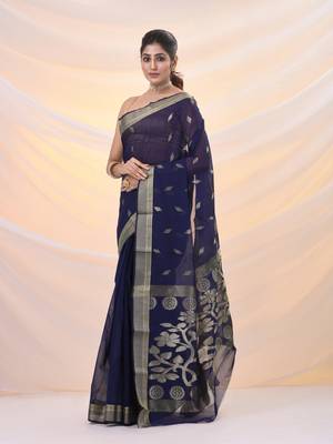 Blue silk cotton jamdani saree with woven designs 2