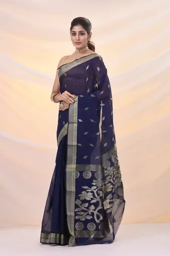 Blue silk cotton jamdani saree with woven designs
