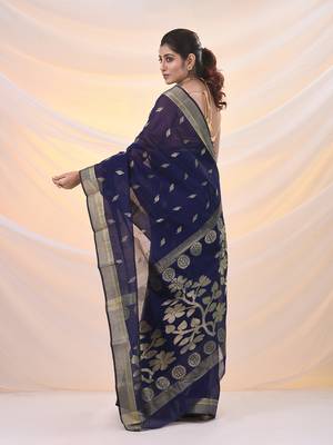 Blue silk cotton jamdani saree with woven designs 3