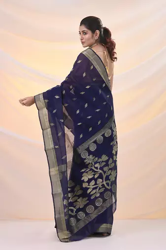 Blue silk cotton jamdani saree with woven designs
